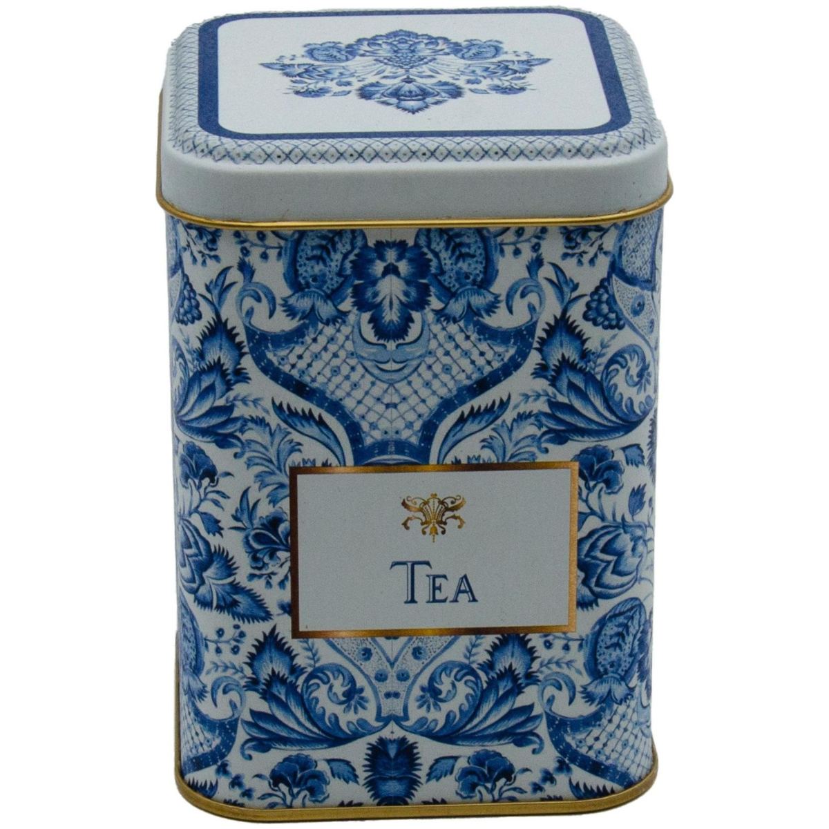 75x75x102 mm Square Metal Box 0.5L slip Lid Azulejo-Inspired Blue &amp; White Decorative Pattern