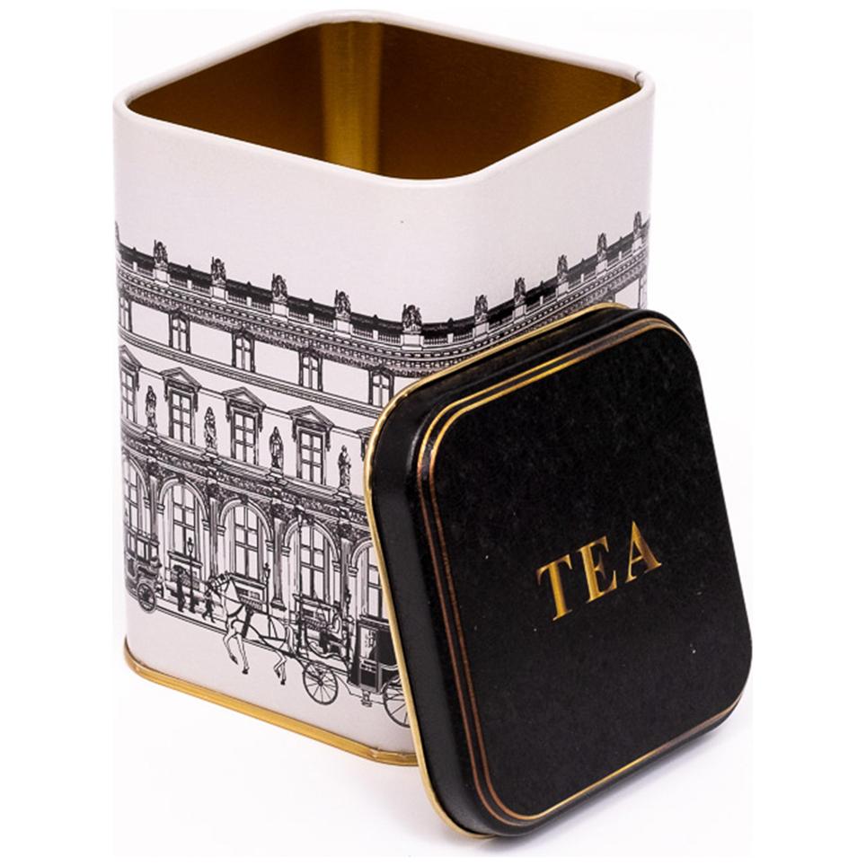 90x90x125 mm Square Metal Tin Box 1L slip Lid   vintage cityscapes illustration