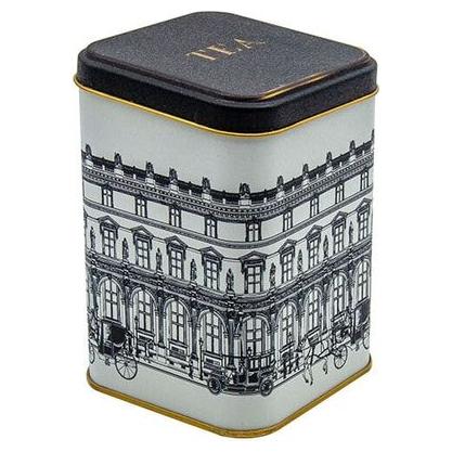 90x90x125 mm Square Metal Tin Box 1L slip Lid   vintage cityscapes illustration