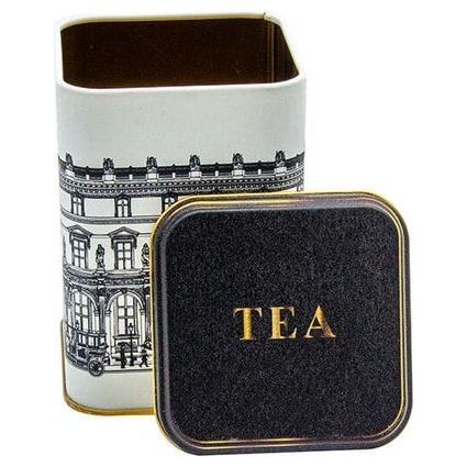 90x90x125 mm Square Metal Tin Box 1L slip Lid   vintage cityscapes illustration