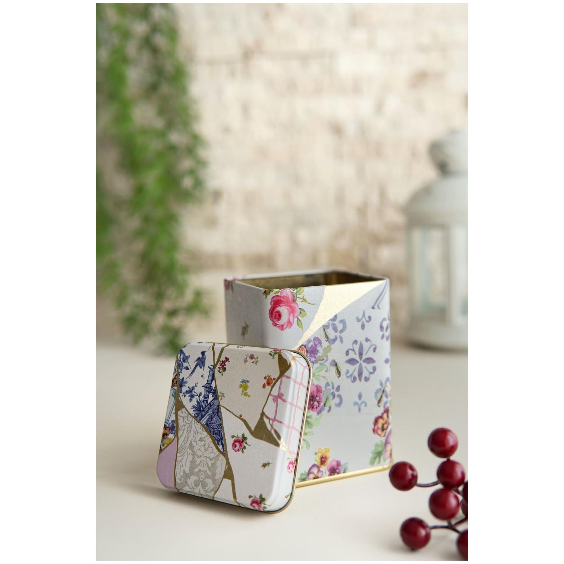 90x90x125 mm Square Metal Tin Box 1L slip Lid Kintsugi Gold vein Flower