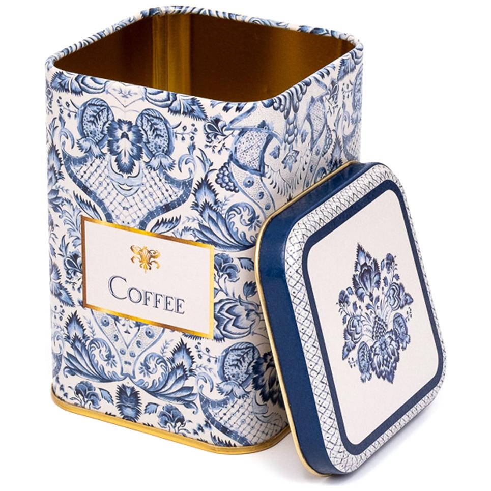 90x90x125 mm Square Metal Tin Box 1L slip Lid   Azulejo-Inspired Blue &amp; White Decorative Pattern
