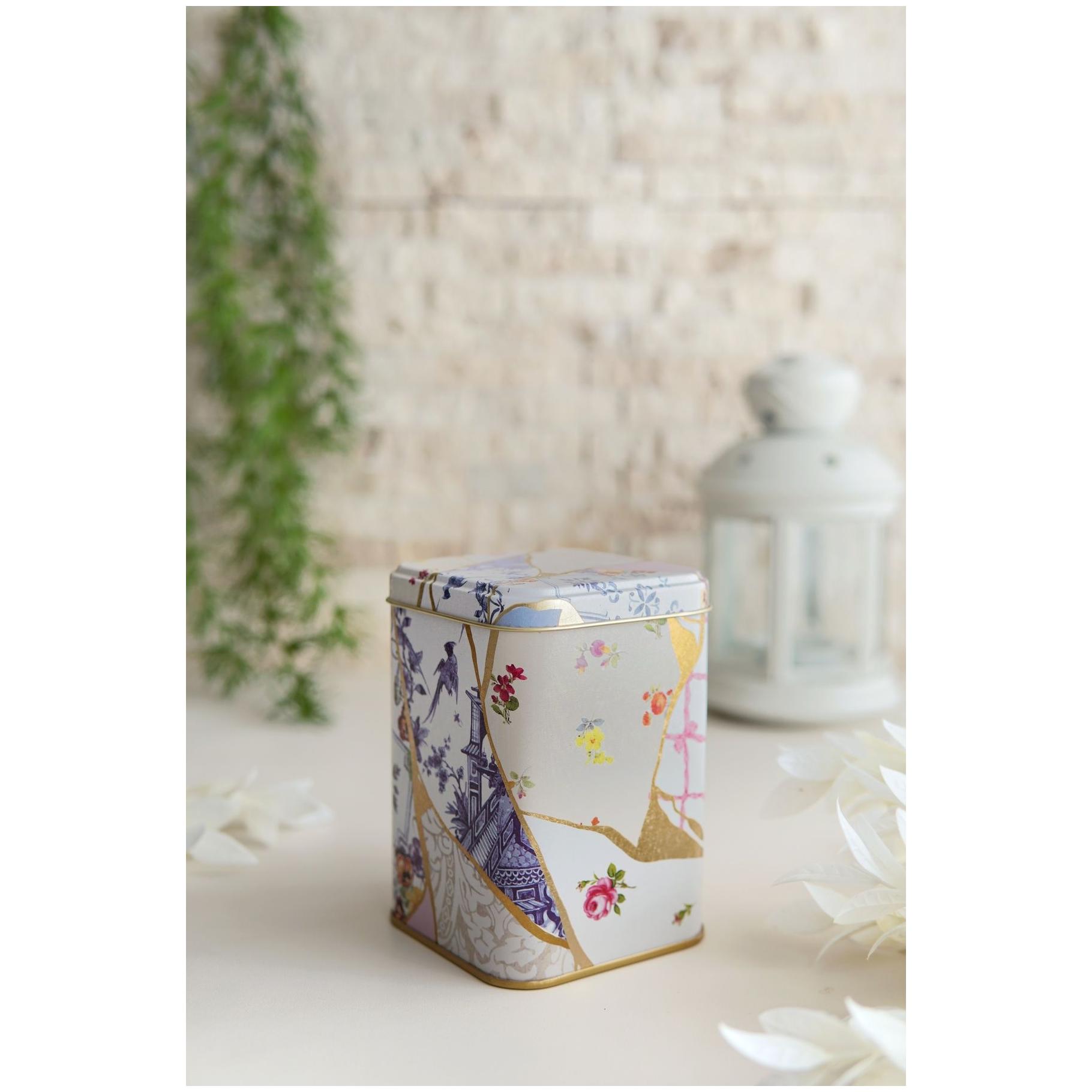 90x90x125 mm Square Metal Tin Box 1L slip Lid   Kintsugi Gold vein Flower 