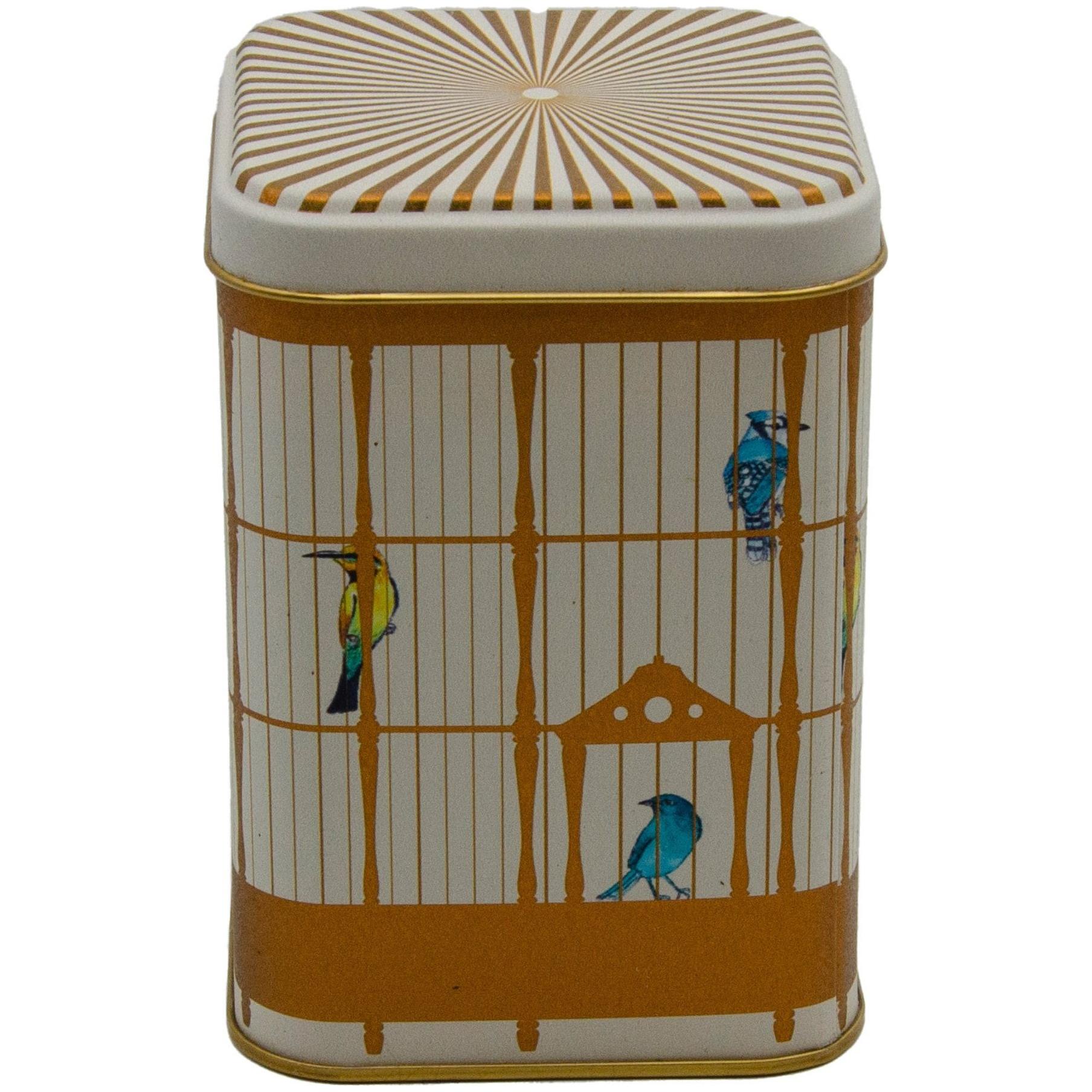90x90x125 mm Square Metal Tin Box 1L slip Lid   Vintage Birdcage Illustration with Colorful Birds