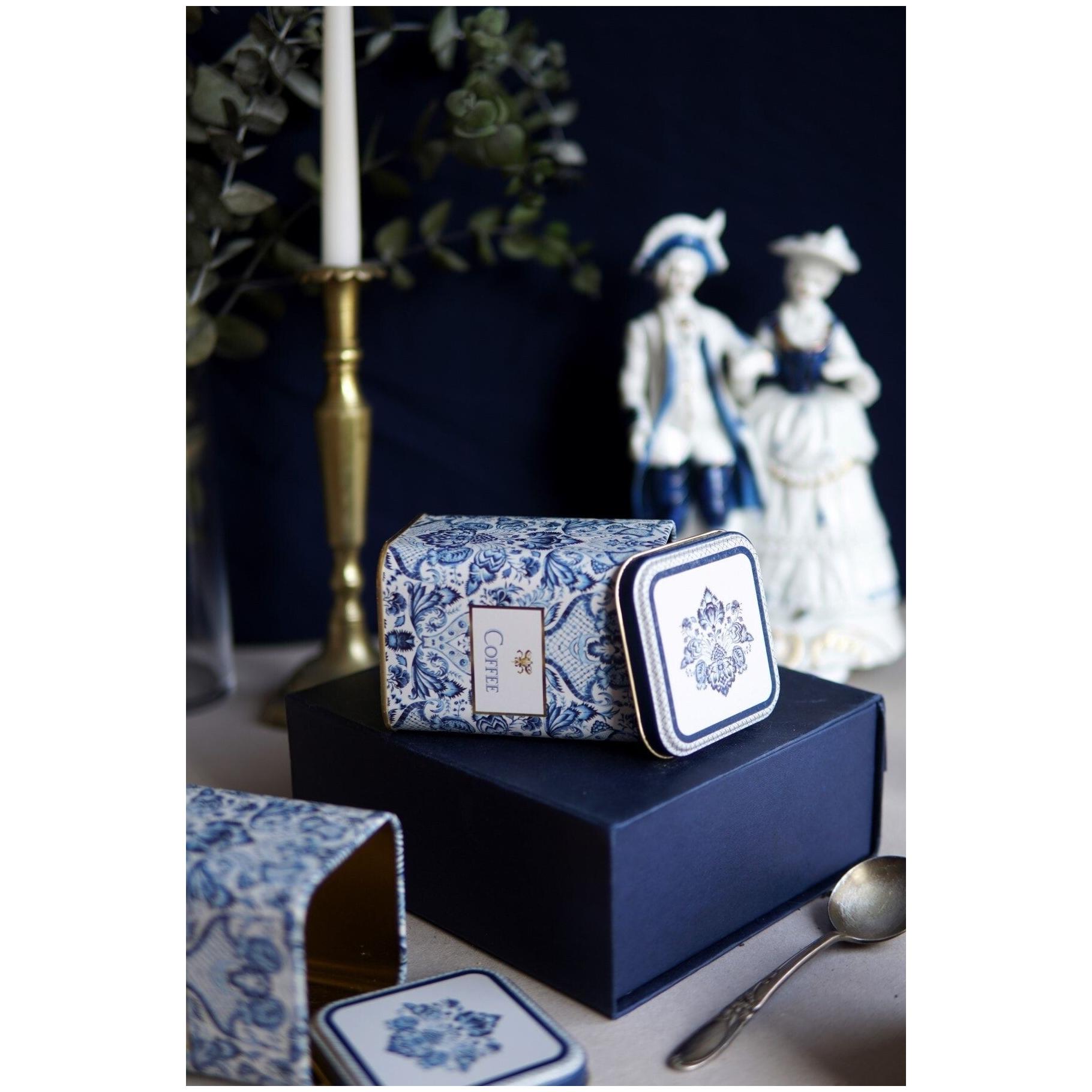 90x90x125 mm Square Metal Tin Box 1L slip Lid Azulejo-Inspired Blue & White Decorative Pattern