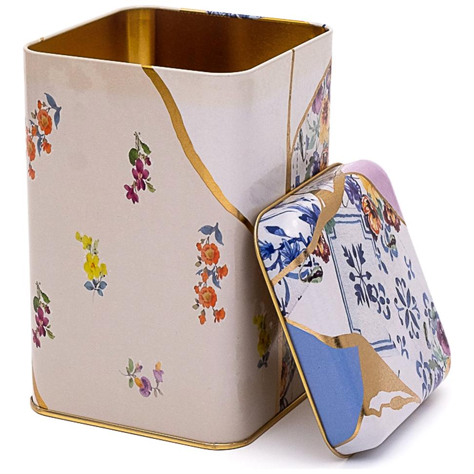  105 x 105 x 160 mm Square Metal Storage Tin  1.6L Kintsugi Gold vein Rose 