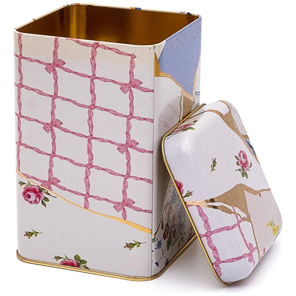  105 x 105 x 160 mm Square Metal Storage Tin  1.6L Kintsugi Gold vein Flower 