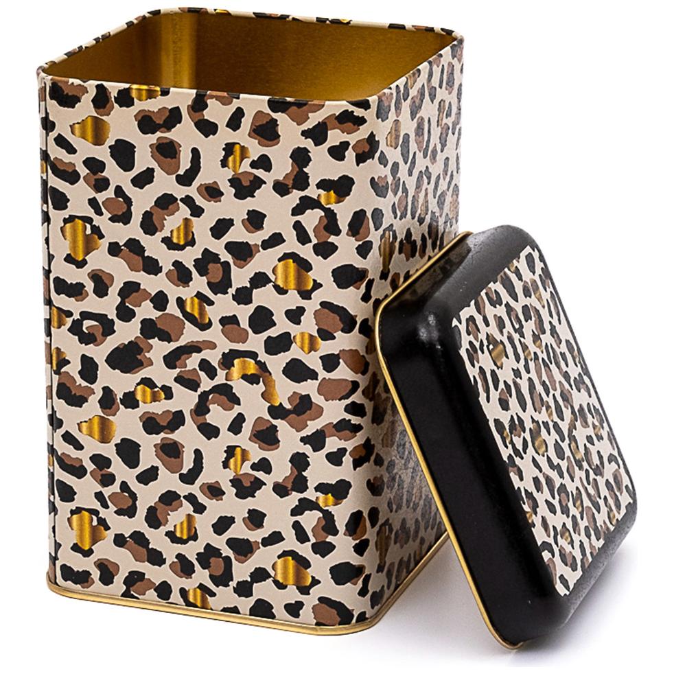 105 x 105 x 160 mm Square Metal Storage Tin 1.6L Gold Leopard Print Pattern