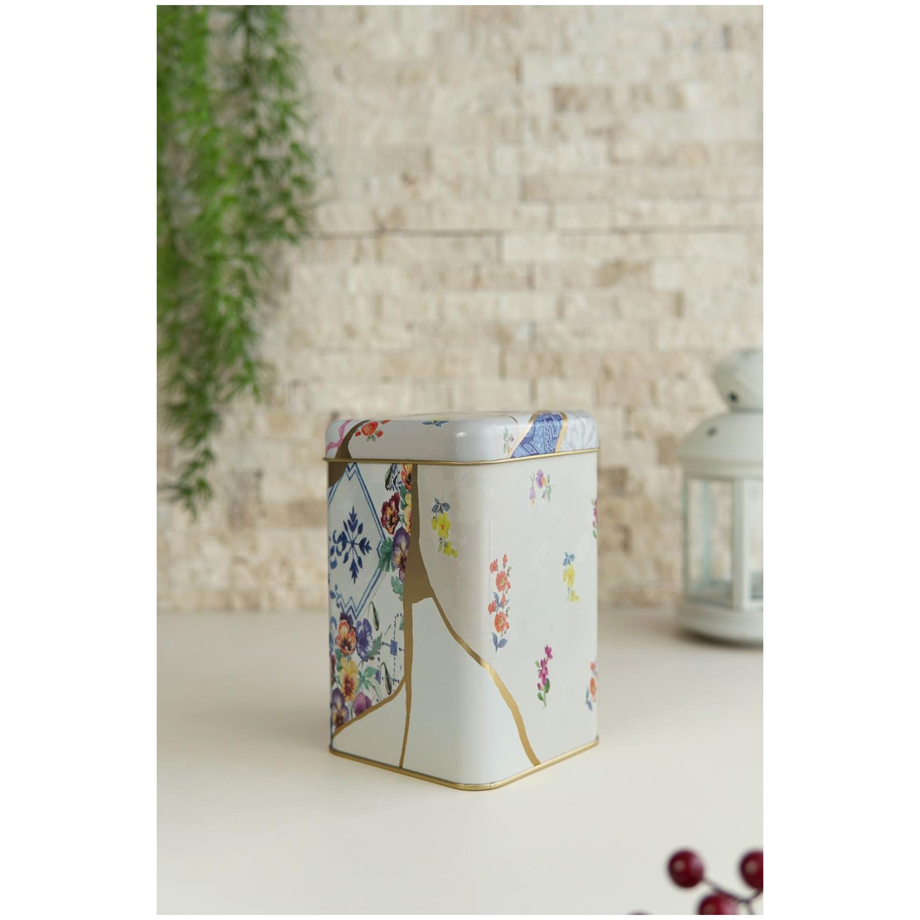  105 x 105 x 160 mm Square Metal Storage Tin  1.6L Kintsugi Gold vein Rose 
