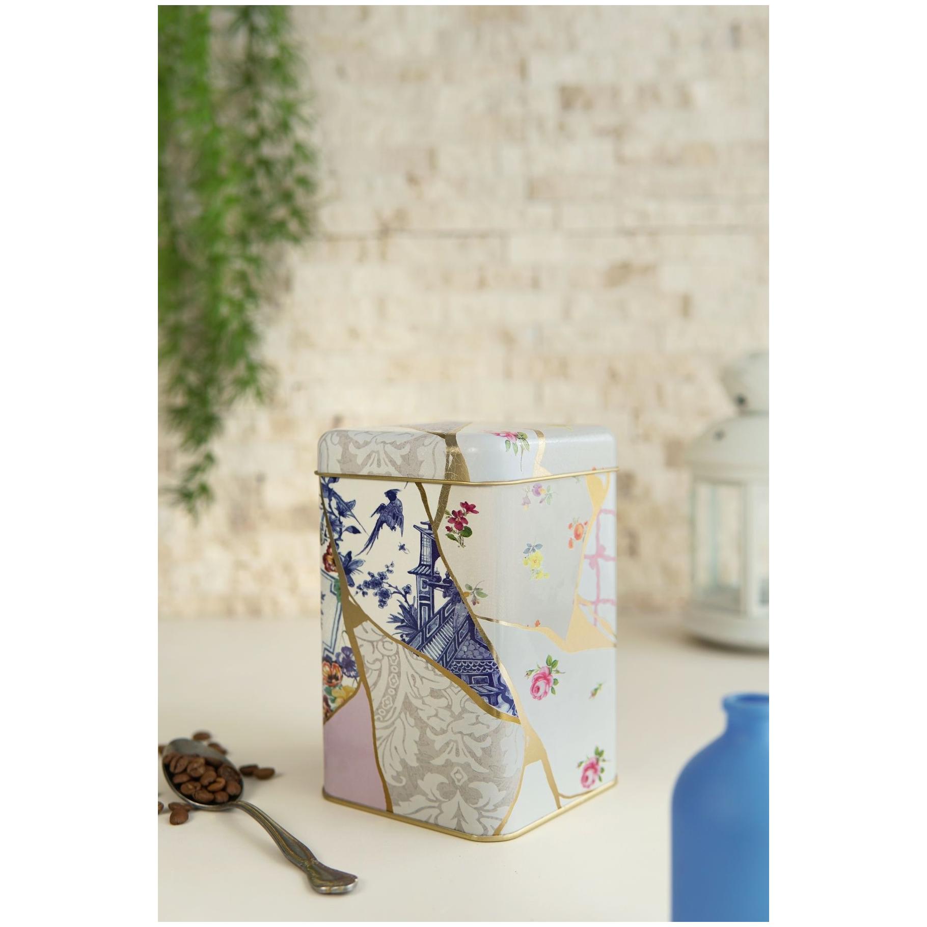 105 x 105 x 160 mm Square Metal Storage Tin 1.6L Kintsugi Gold vein Flower