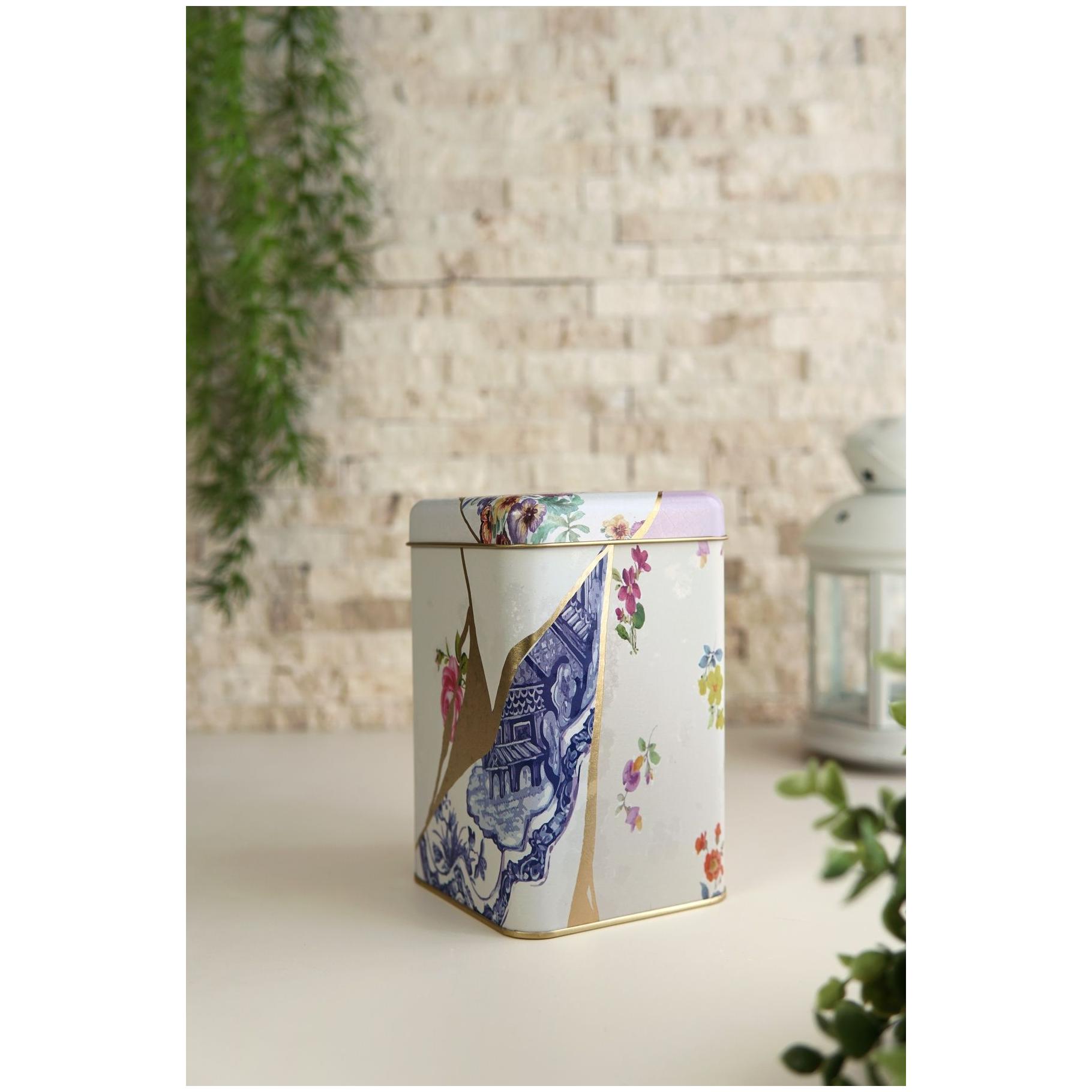  105 x 105 x 160 mm Square Metal Storage Tin  1.6L Kintsugi Gold vein Flower 