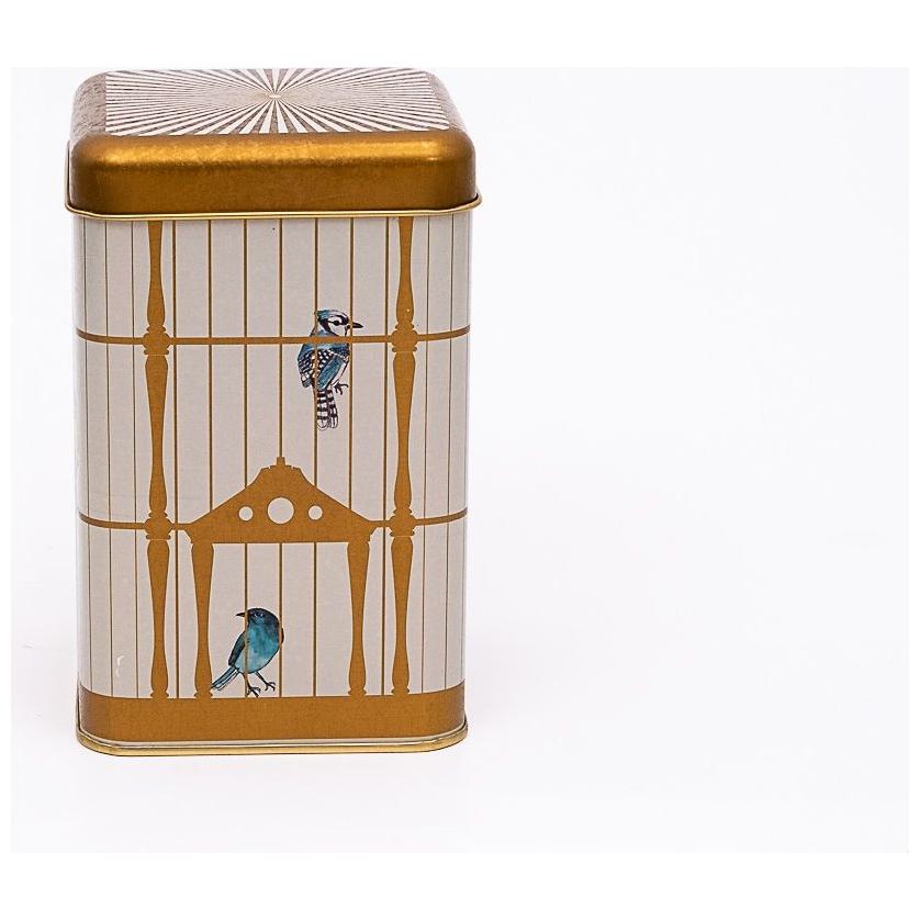  105 x 105 x 160 mm Square Metal Storage Tin  1.6L Vintage Birdcage Illustration with Colorful Birds
