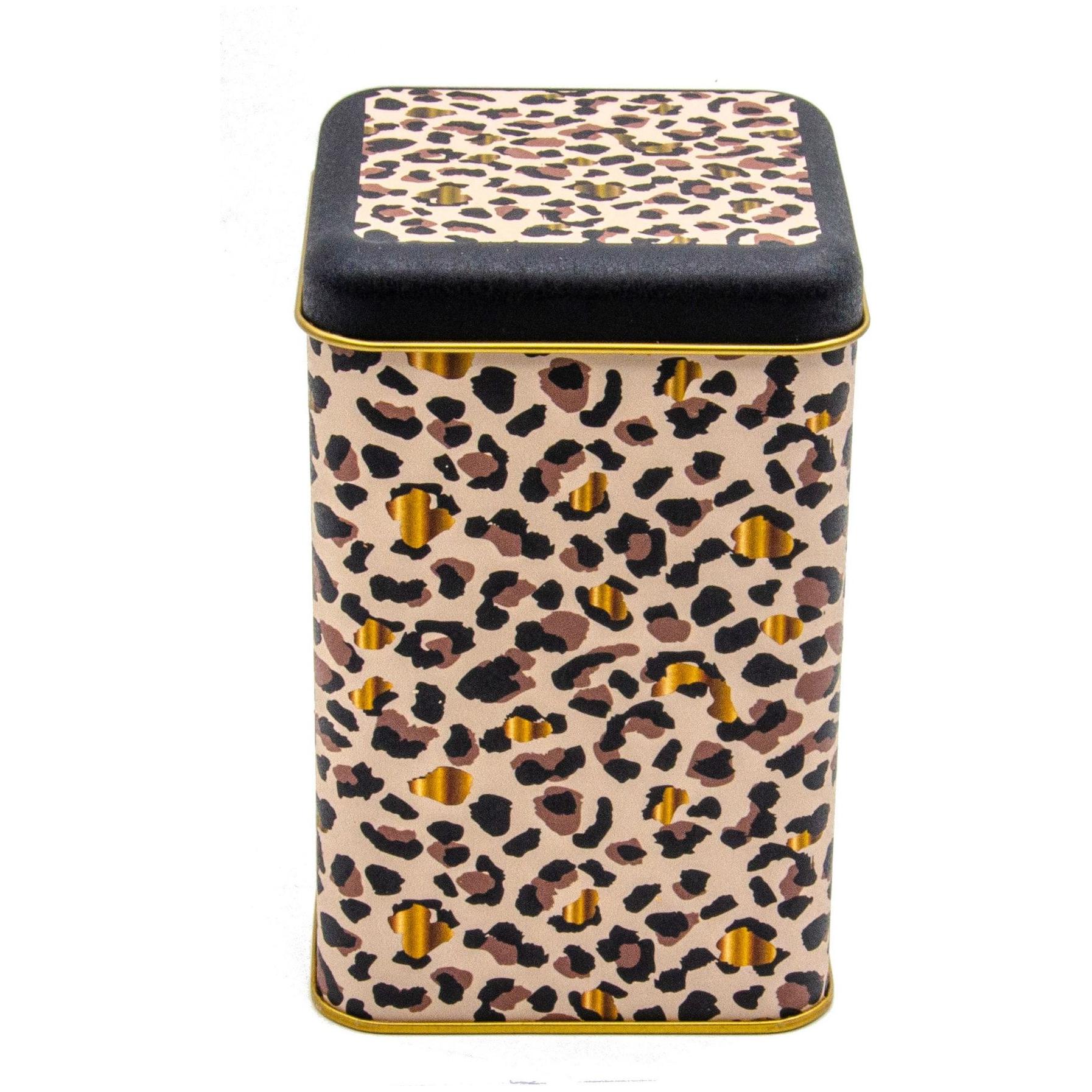  105 x 105 x 160 mm Square Metal Storage Tin  1.6L Gold Leopard Print Pattern