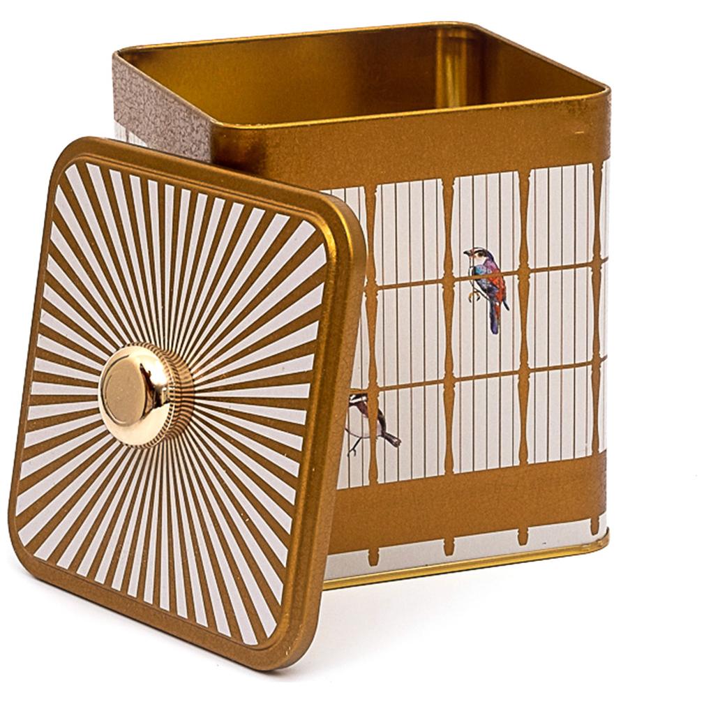 120x120x137 mm Metal Square Box with Knob Handle 1.8L Vintage Birdcage Illustration with Colorful Birds