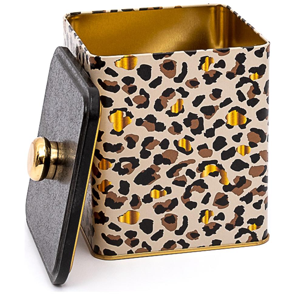 120x120x137 mm Metal Square Box with Knob Handle 1.8L Gold Leopard Print Pattern
