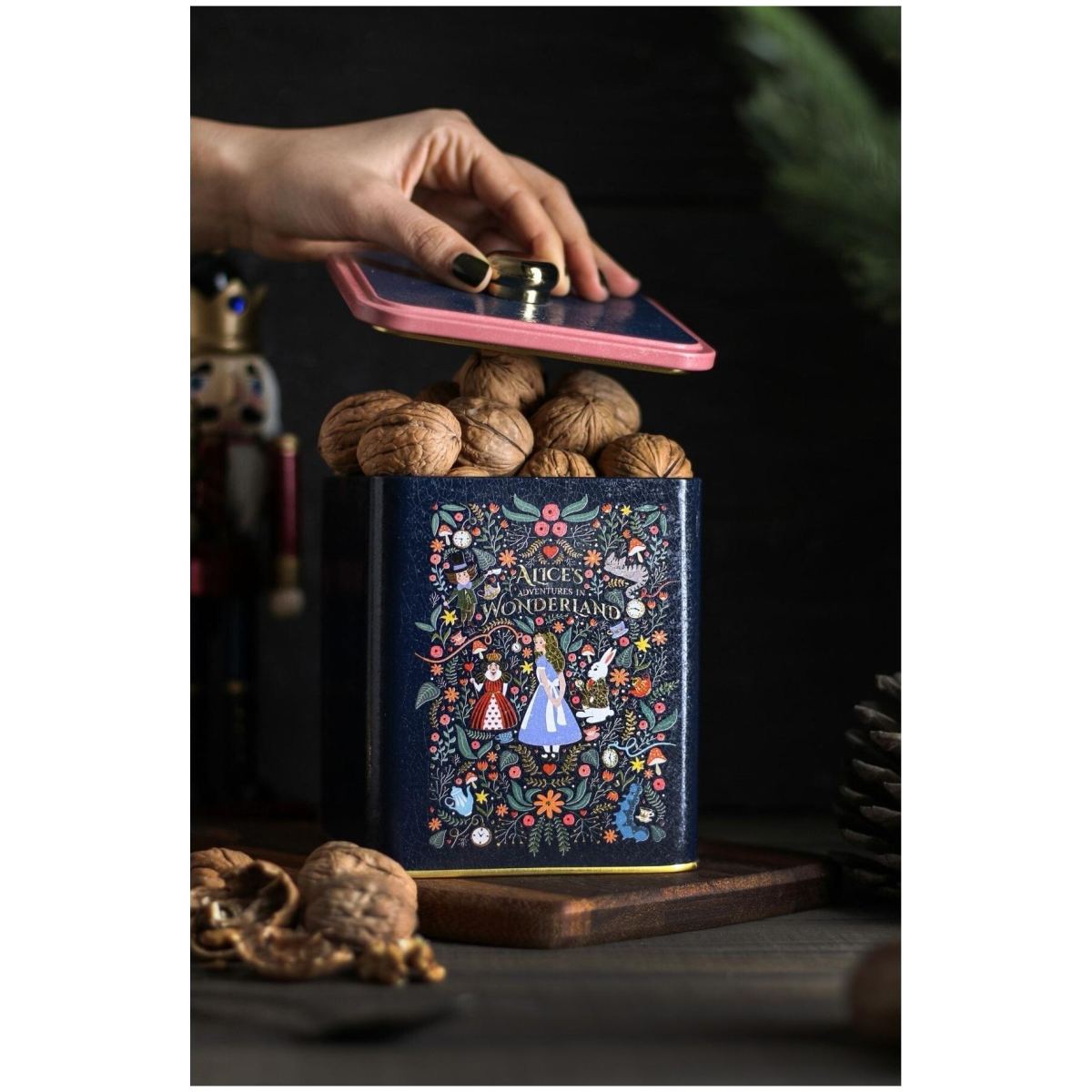 120x120x137 mm Metal Square Box with Knob Handle 1.8L Alice in Wonderland