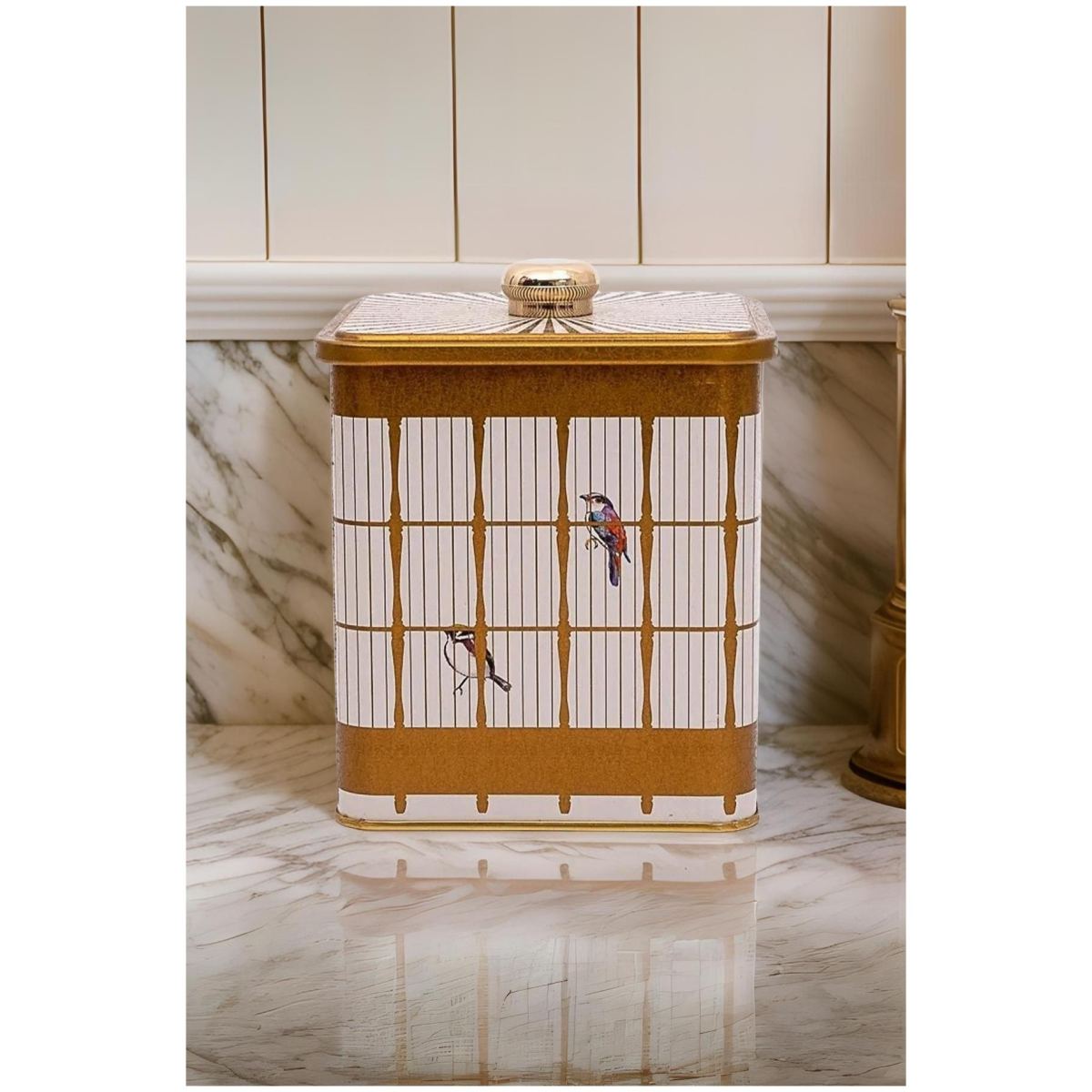 120x120x137 mm Metal Square Box with Knob Handle 1.8L Vintage Birdcage Illustration with Colorful Birds