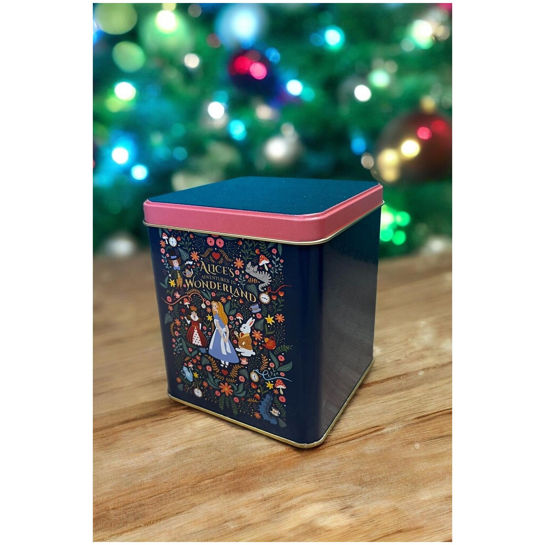  120x120x137 mm Square Tin Box  1.8 L  Slip Lid Alice in Wonderland