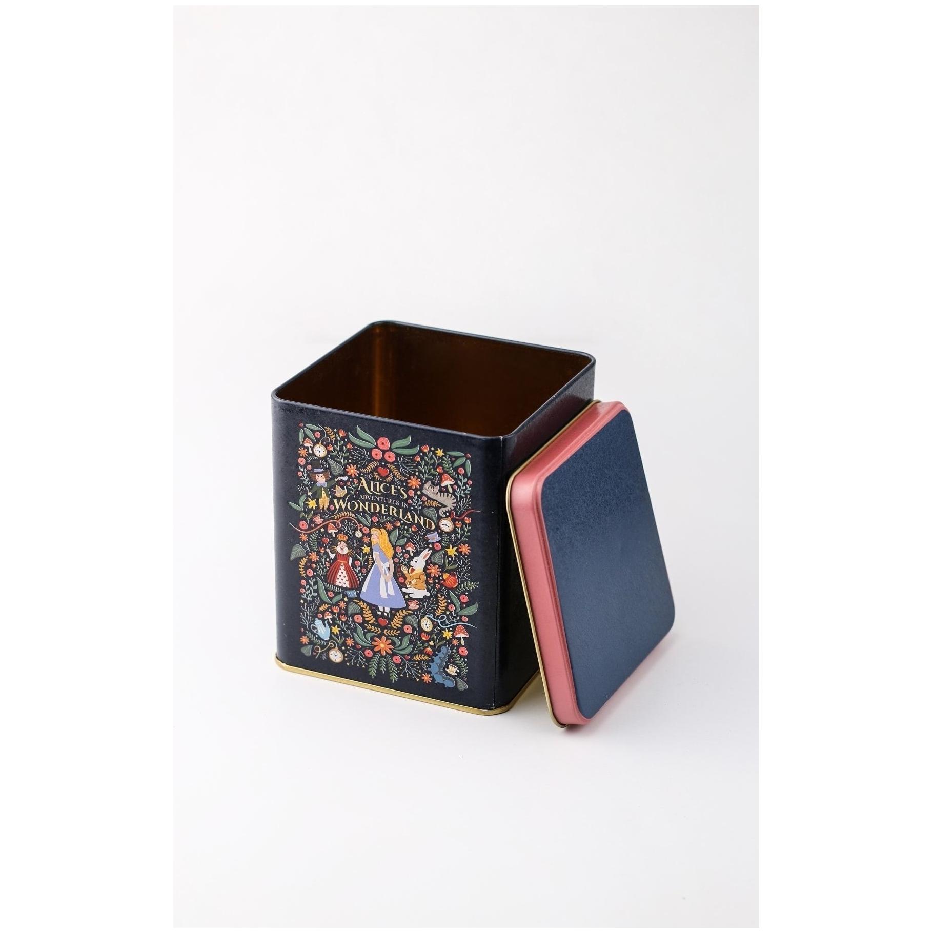  120x120x137 mm Square Tin Box  1.8 L  Slip Lid Alice in Wonderland