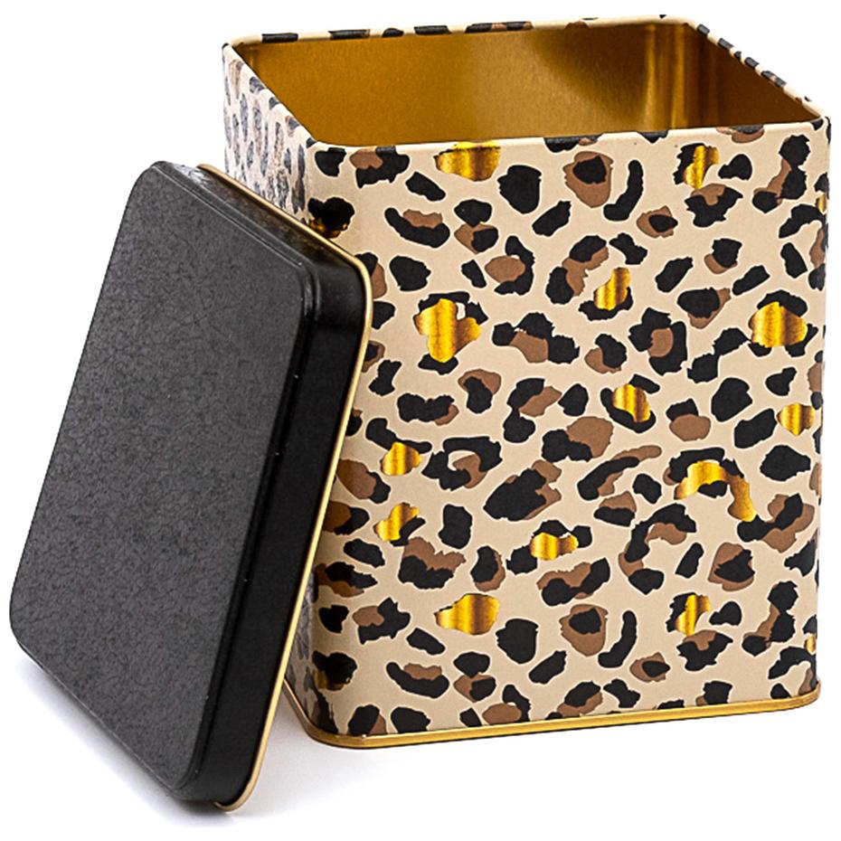  120x120x137 mm Square Tin Box  1.8 L  Slip Lid Gold Leopard Print Pattern