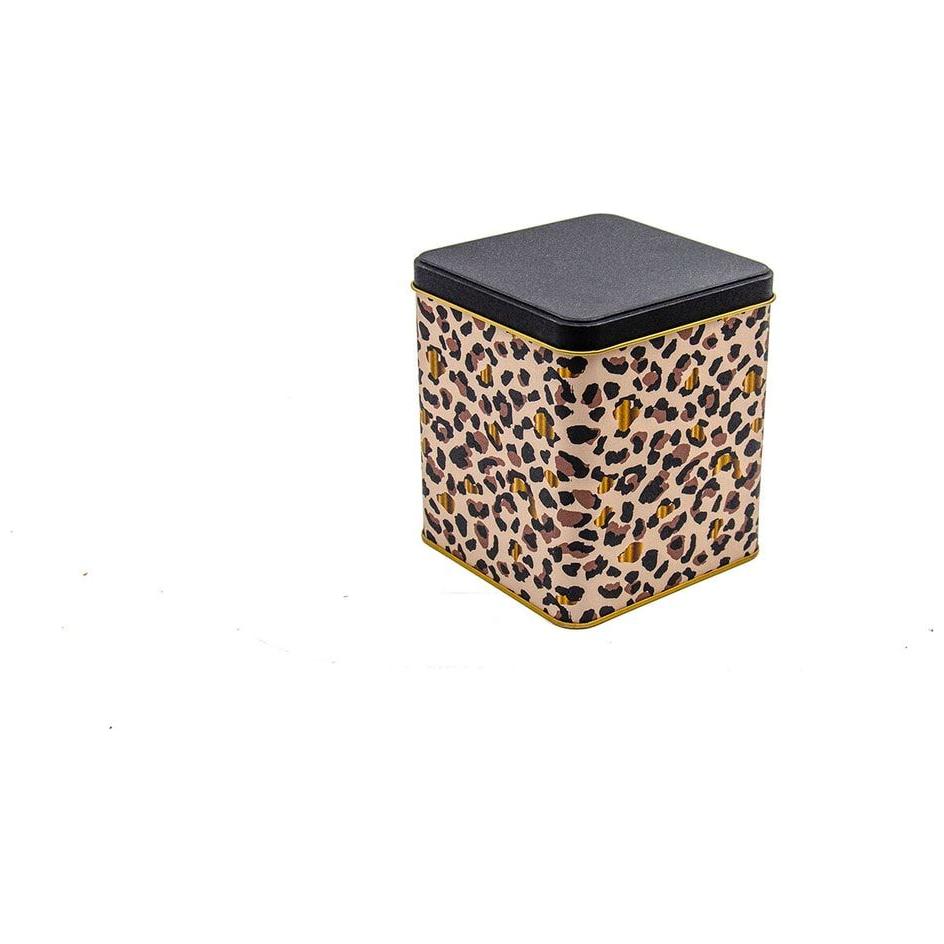  120x120x137 mm Square Tin Box  1.8 L  Slip Lid Gold Leopard Print Pattern