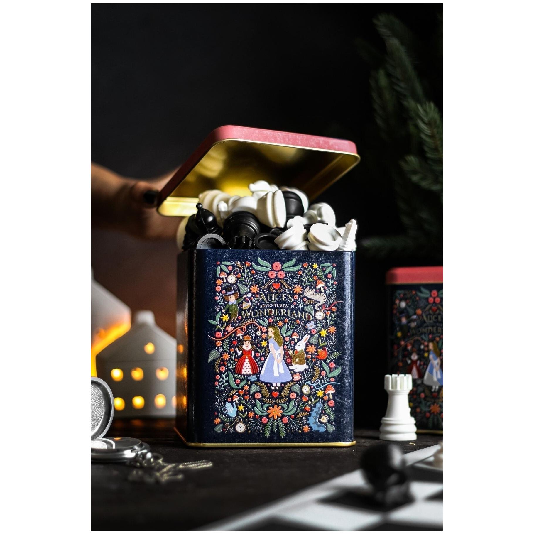  120x120x137 mm Square Tin Box  1.8 L  Slip Lid Alice in Wonderland