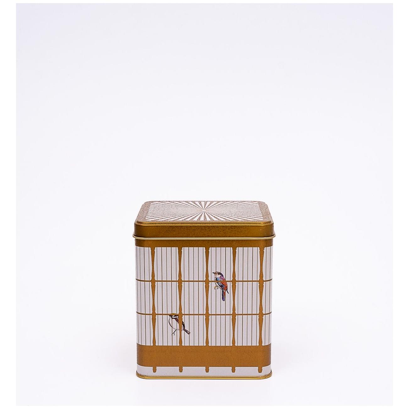  120x120x137 mm Square Tin Box  1.8 L  Slip Lid Vintage Birdcage Illustration with Colorful Birds