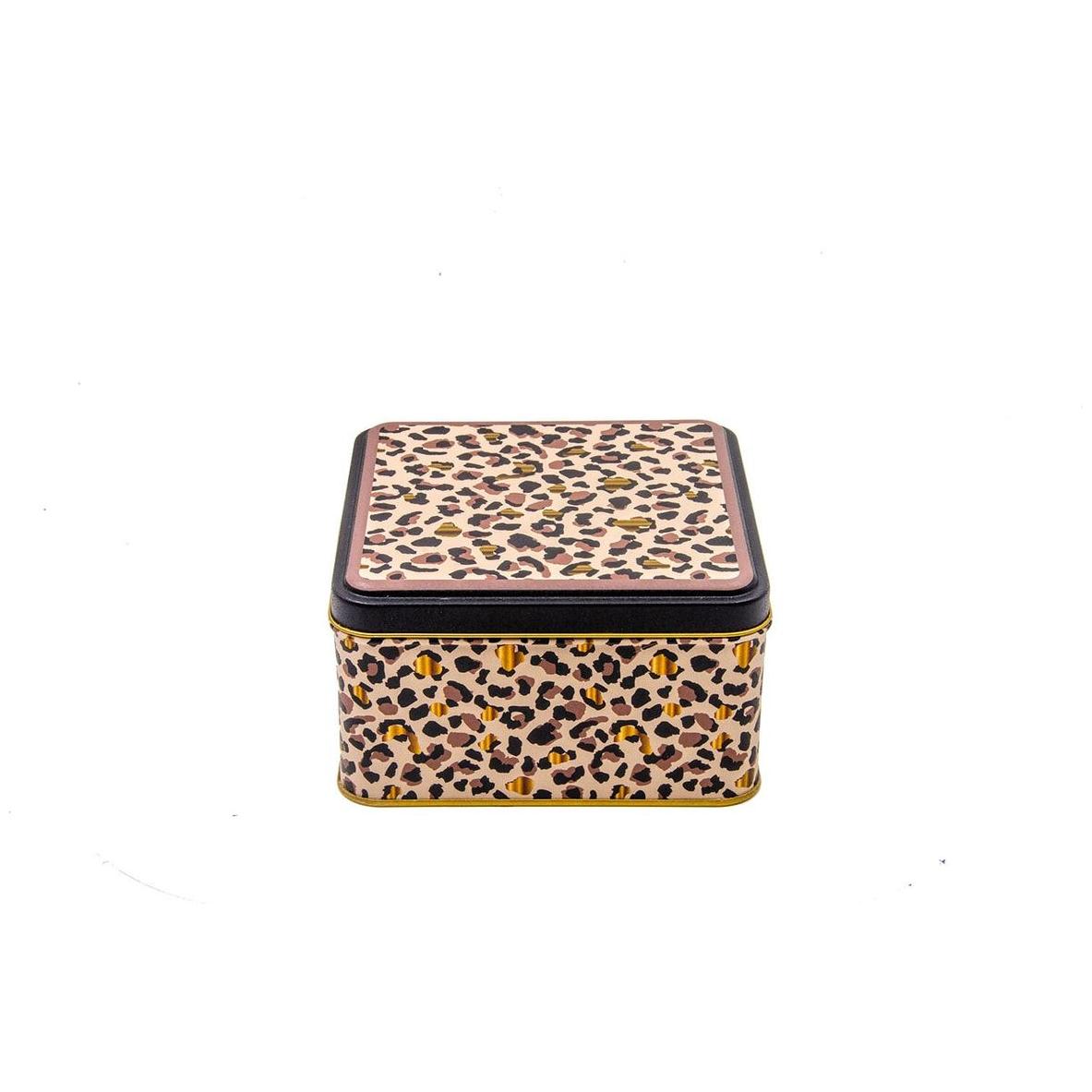 158x158x87 mm Square Metal Storage box 2.2L Slip Lid Gold Leopard Print Pattern