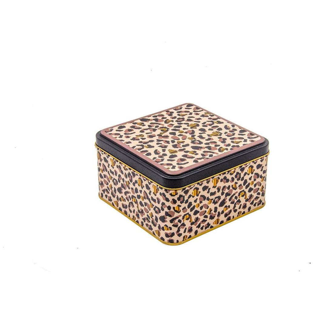 158x158x87 mm Square Metal Storage box 2.2L Slip Lid Gold Leopard Print Pattern