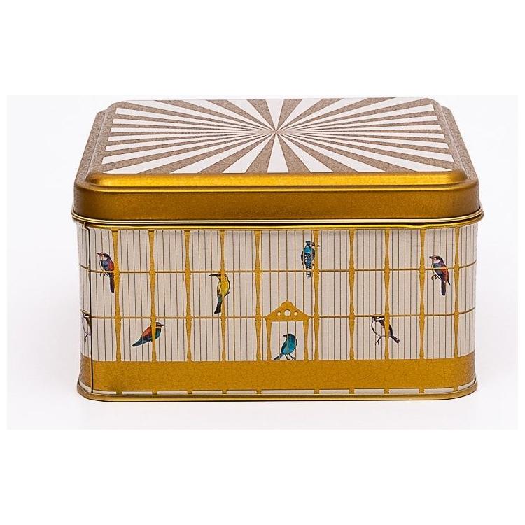 158x158x87 mm Square Metal Storage box 2.2L Slip Lid Vintage Birdcage Illustration with Colorful Birds