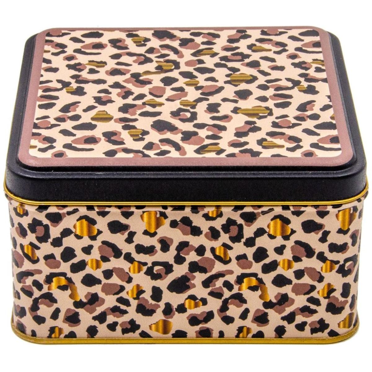 158x158x87 mm Square Metal Storage box 2.2L Slip Lid Gold Leopard Print Pattern