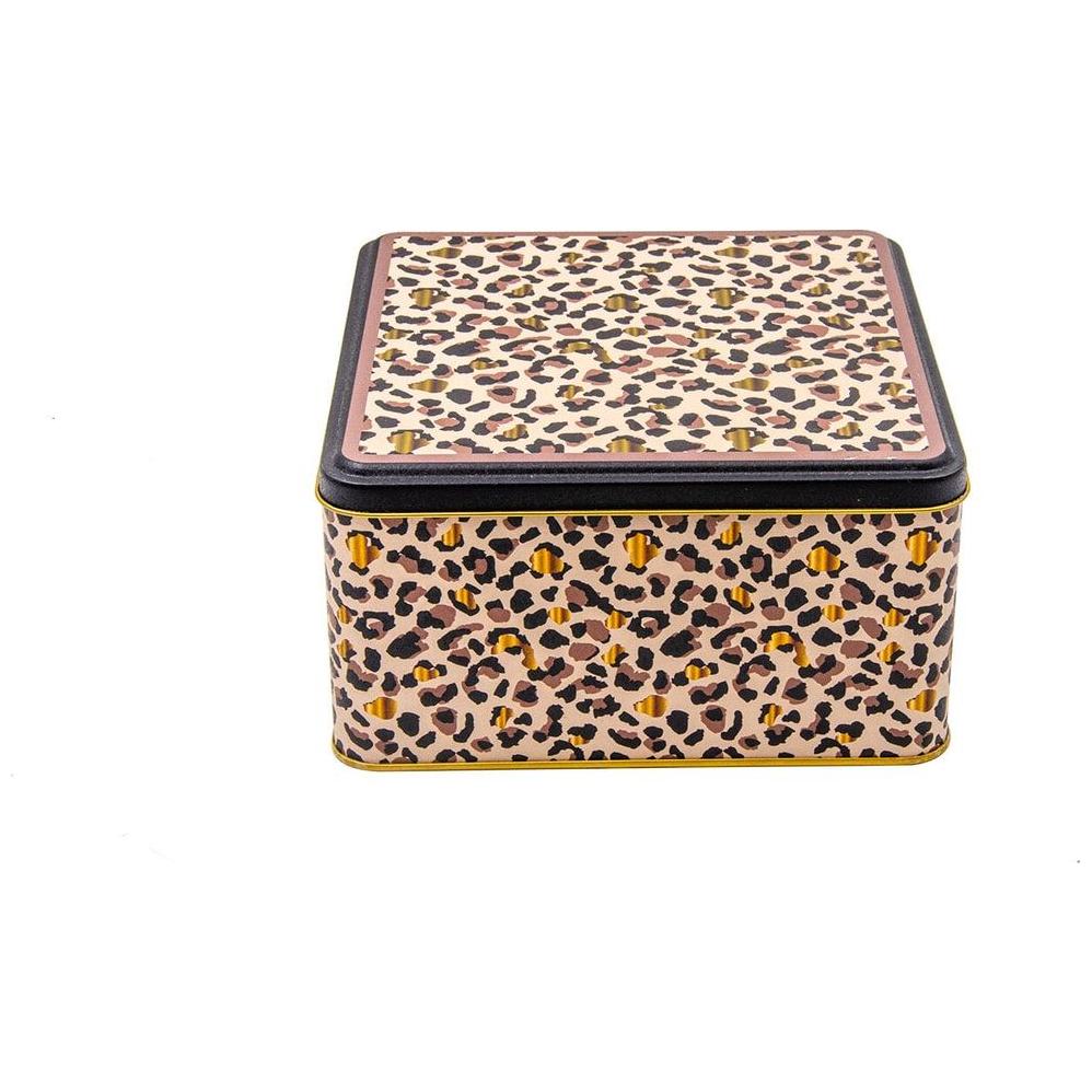 198x198x100 mm Square Metal Storage box 3.7L Gold Leopard Print Pattern