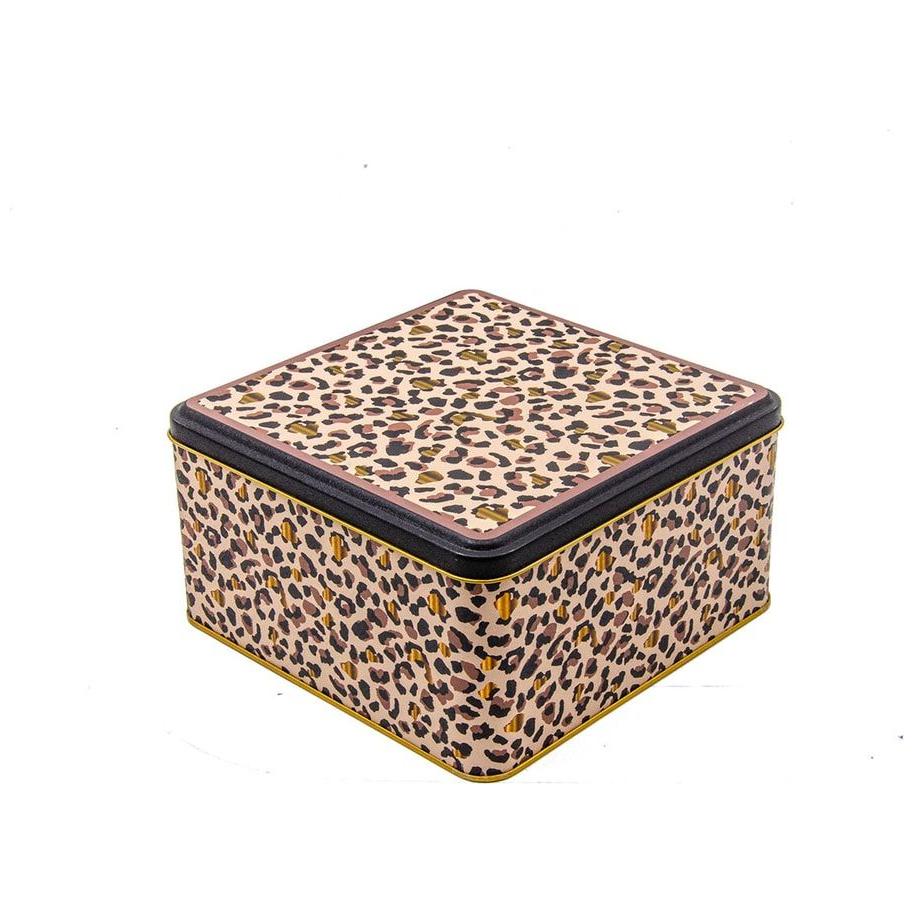 198x198x100 mm Square Metal Storage box 3.7L Gold Leopard Print Pattern