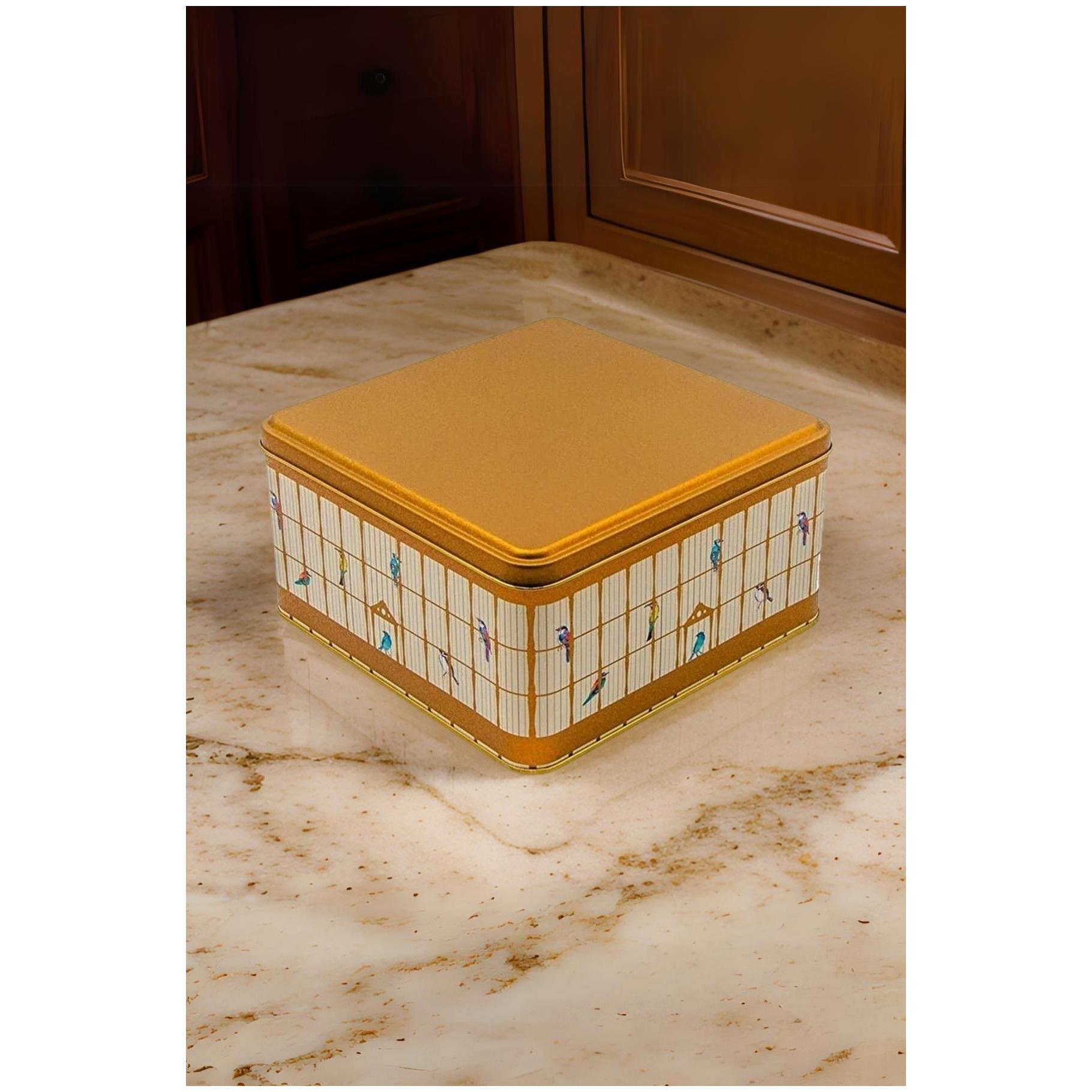 198x198x100 mm Square Metal Storage box 3.7L Vintage Birdcage Illustration with Colorful Birds