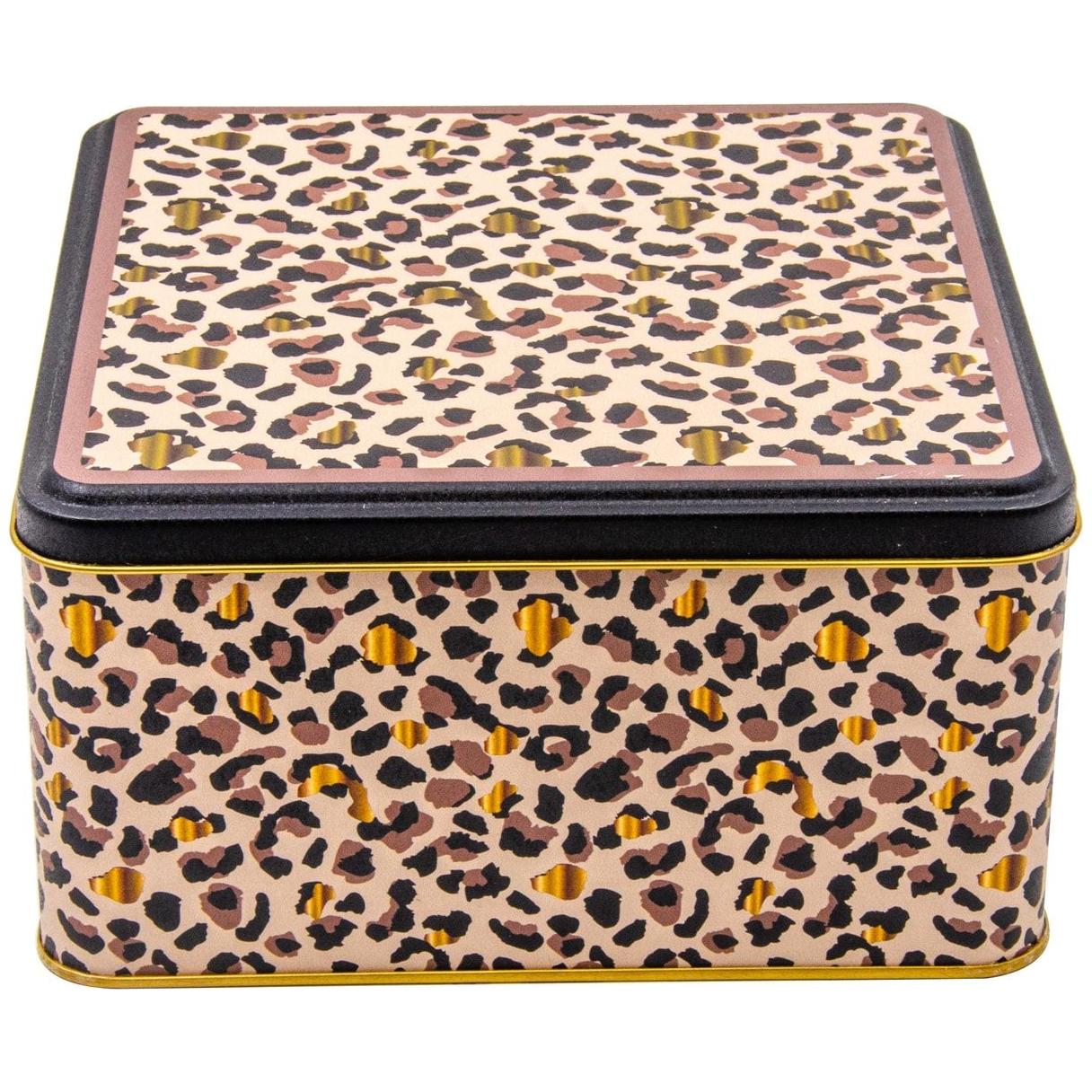 198x198x100 mm Square Metal Storage box 3.7L Gold Leopard Print Pattern