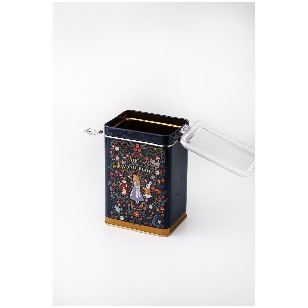 75 x 100 x 150 mm Metal Storage Tin with Wire Clasp and Transparent Lid Alice in Wonderland