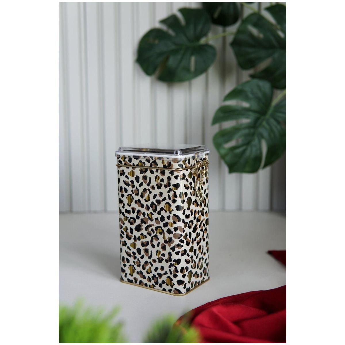 75 x 100 x 150 mm Metal Storage Tin with Wire Clasp and Transparent Lid Gold Leopard Print Pattern