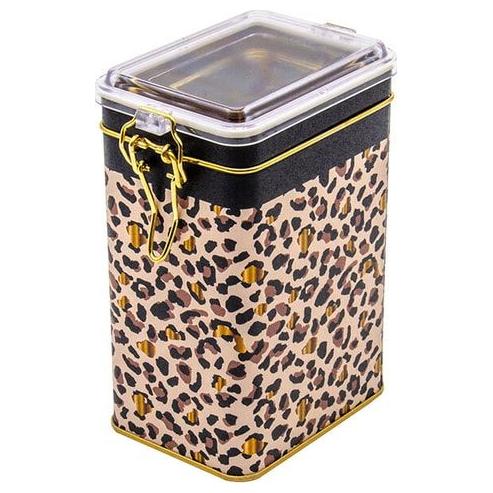 75 x 100 x 150 mm  Metal Storage Tin with Wire Clasp and Transparent Lid Gold Leopard Print Pattern