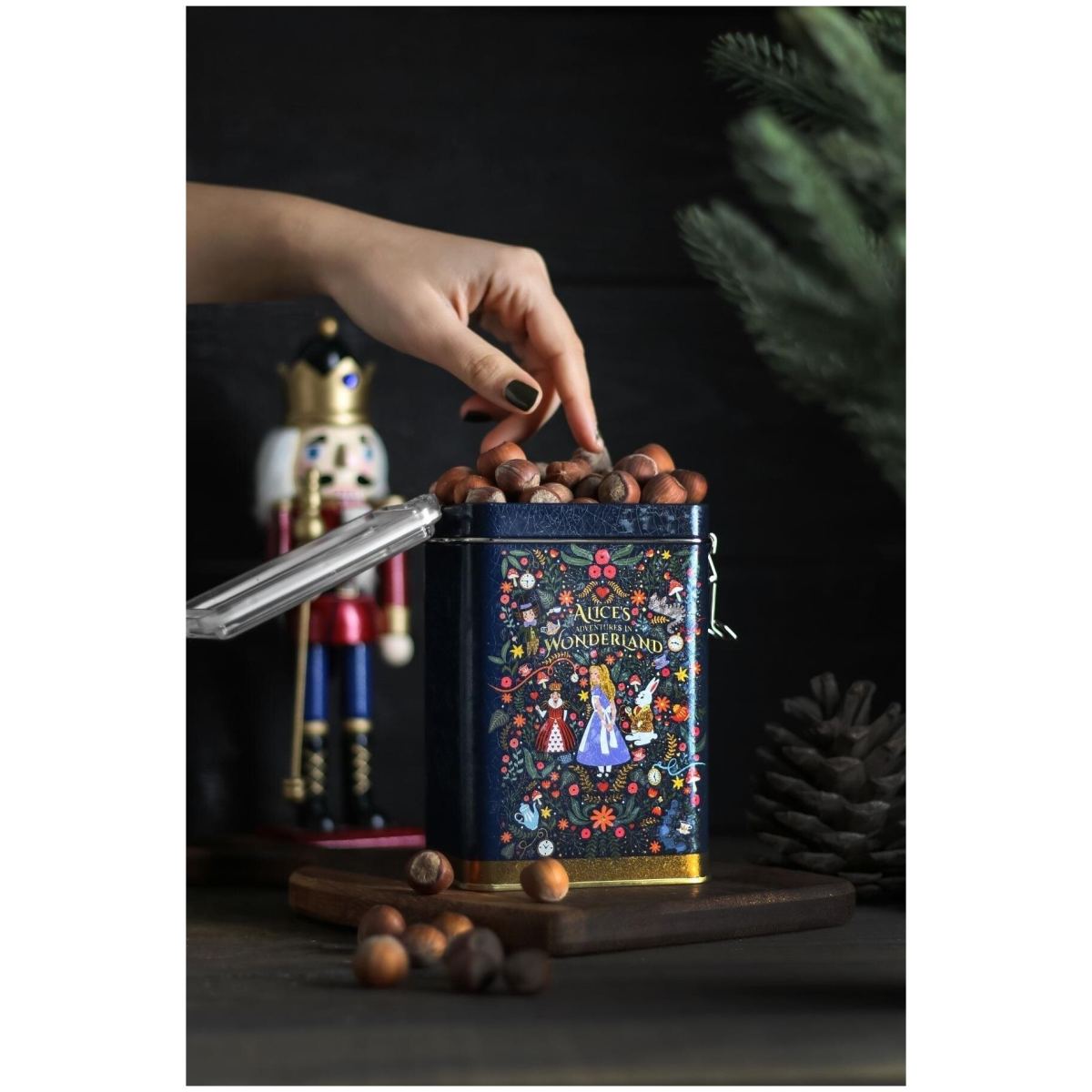 75 x 100 x 150 mm Metal Storage Tin with Wire Clasp and Transparent Lid Alice in Wonderland