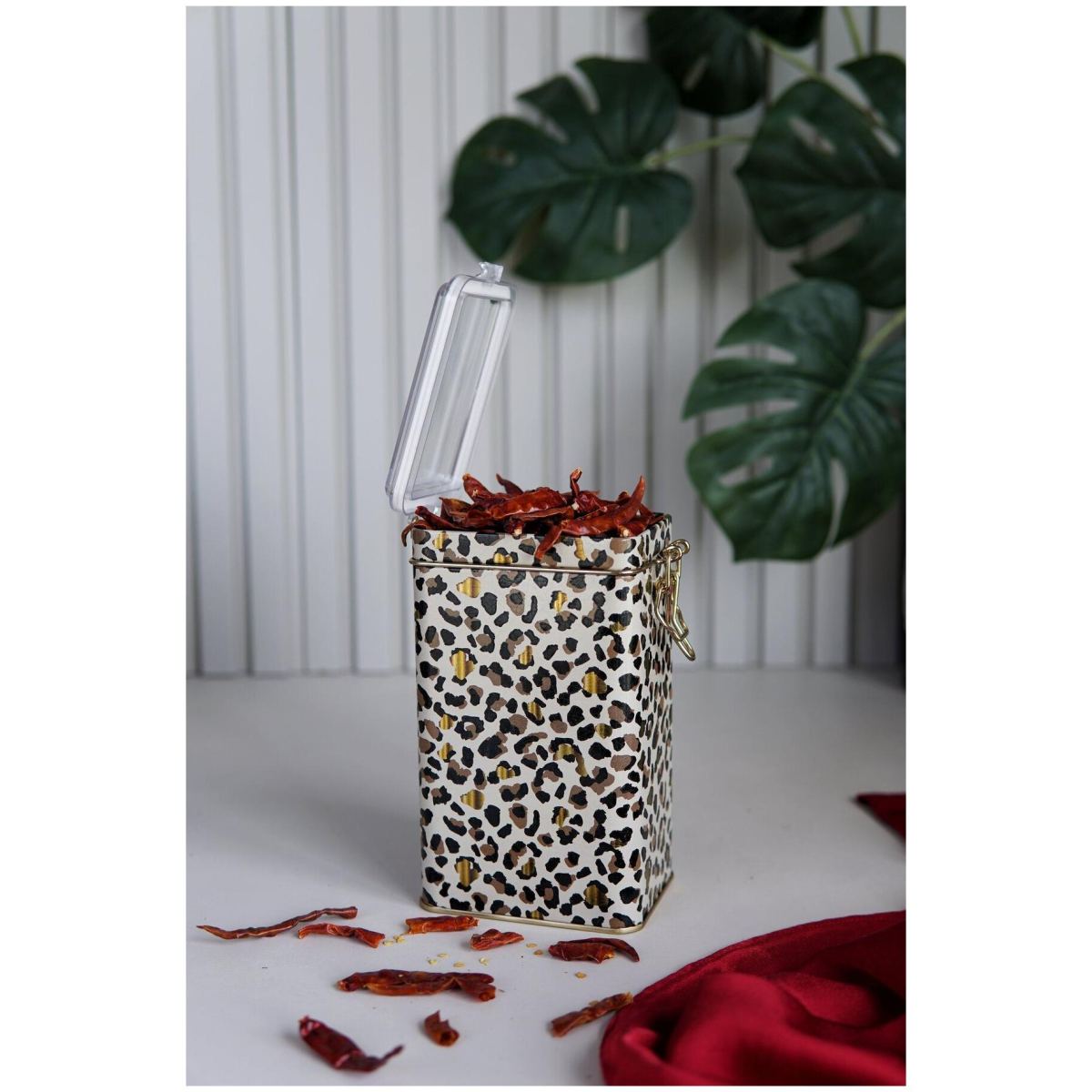 75 x 100 x 150 mm Metal Storage Tin with Wire Clasp and Transparent Lid Gold Leopard Print Pattern
