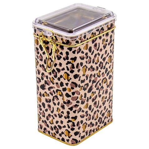 75x100x170 mm Rectangular Metal Box  1.1L Wire Clasp and Transparent Lid Gold Leopard Print Pattern