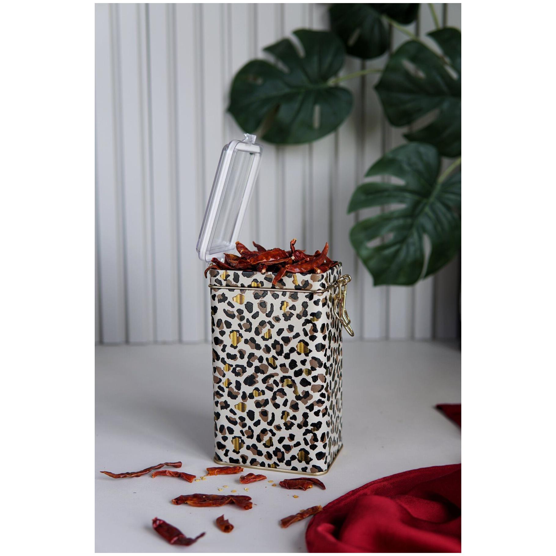 75x100x170 mm Rectangular Metal Box  1.1L Wire Clasp and Transparent Lid Gold Leopard Print Pattern