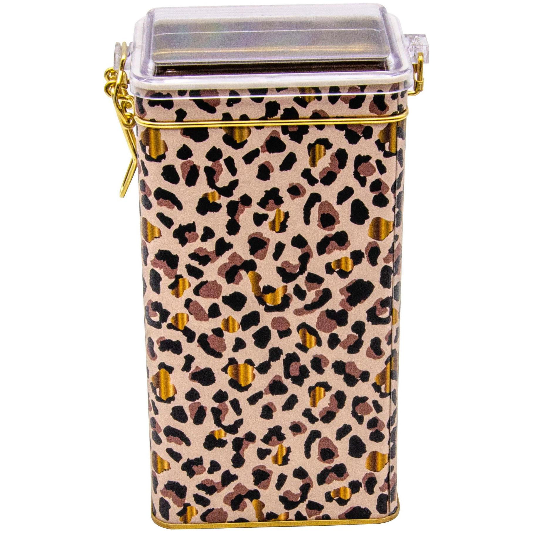 75x100x190 mm Rectangular Metal Box 1.3L Wire Clasp and Transparent Lid Gold Leopard Print Pattern