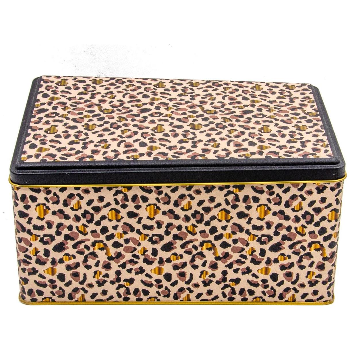 170x260x100 mm Rectangular Metal Storage Box Slip Lid 5.1L Gold Leopard Print Pattern