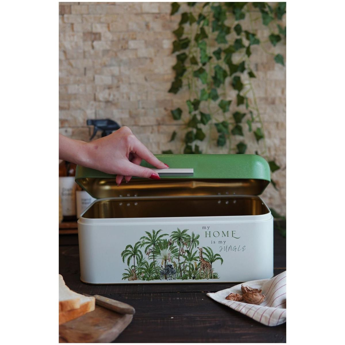 209 x 365 x 120 mm Rectangular Bread Box 9L Hinged Lid  Tropical Jungle – A Lush Paradise of Nature &amp; Wildlife