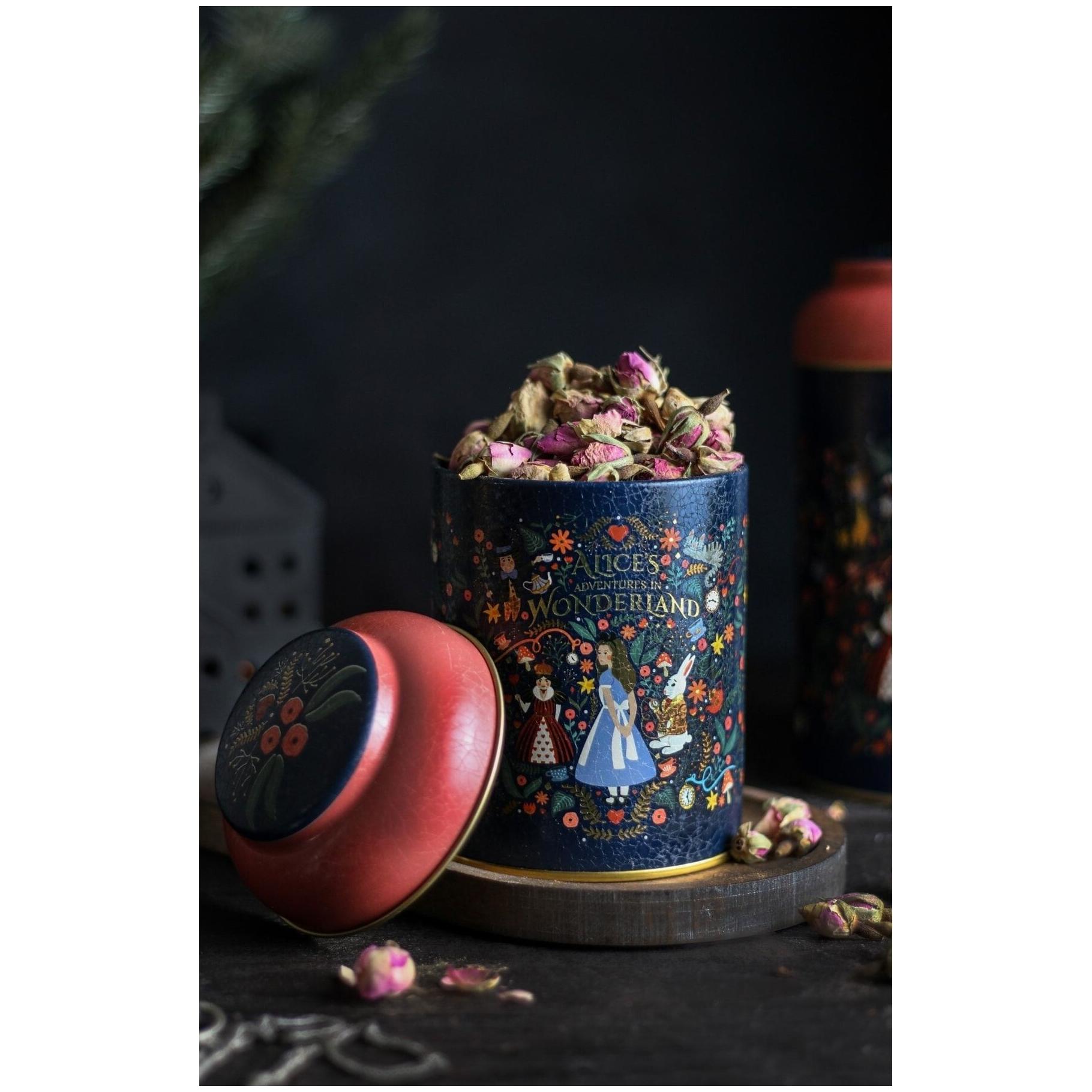 Ø90 x 110 mm Round Metal Tin – 0.6L with Dome Lid Alice in Wonderland