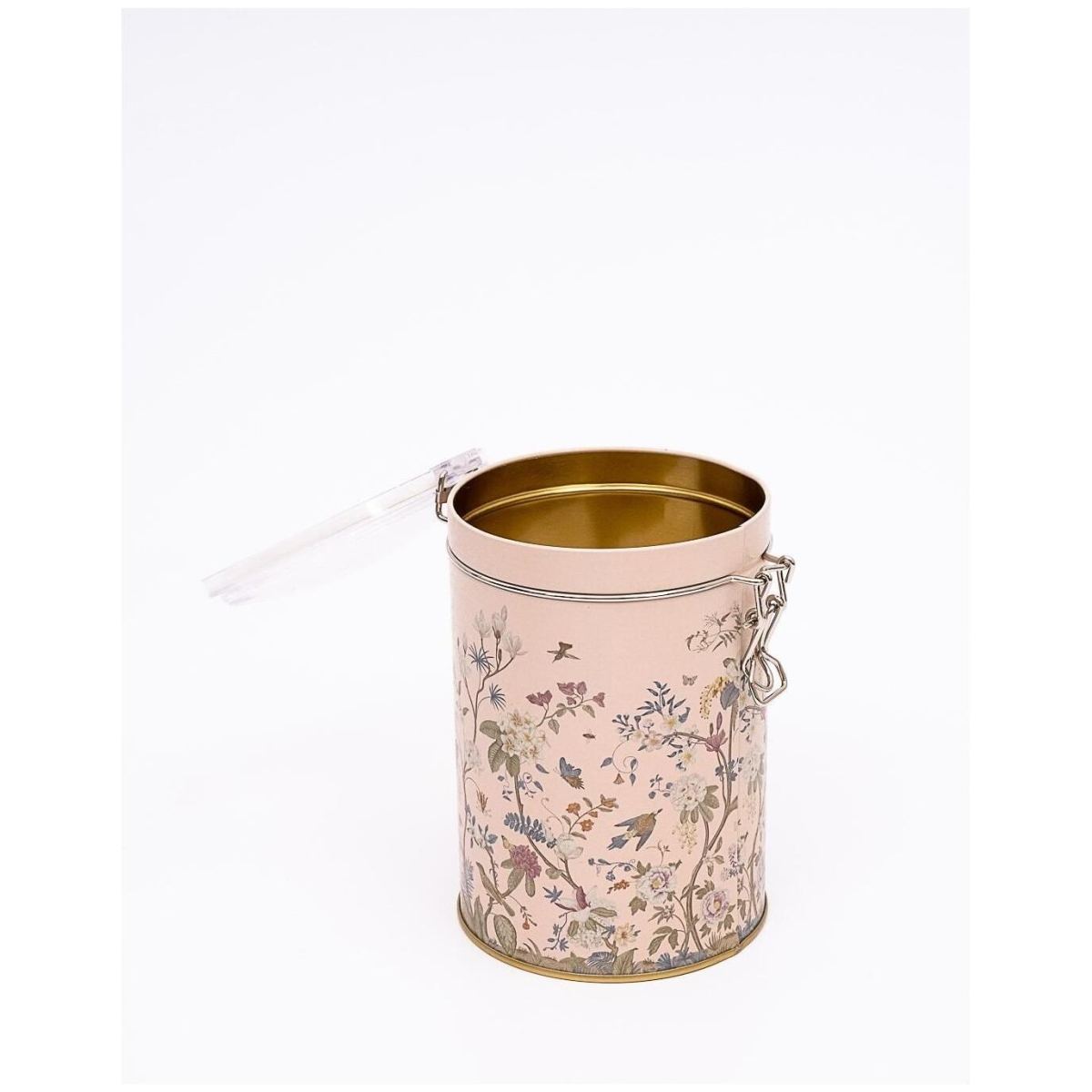 Ø105x150 mm Round Metal Box 1.1L Wire Clasp and Transparent Lid Floral Design Pastel Pink