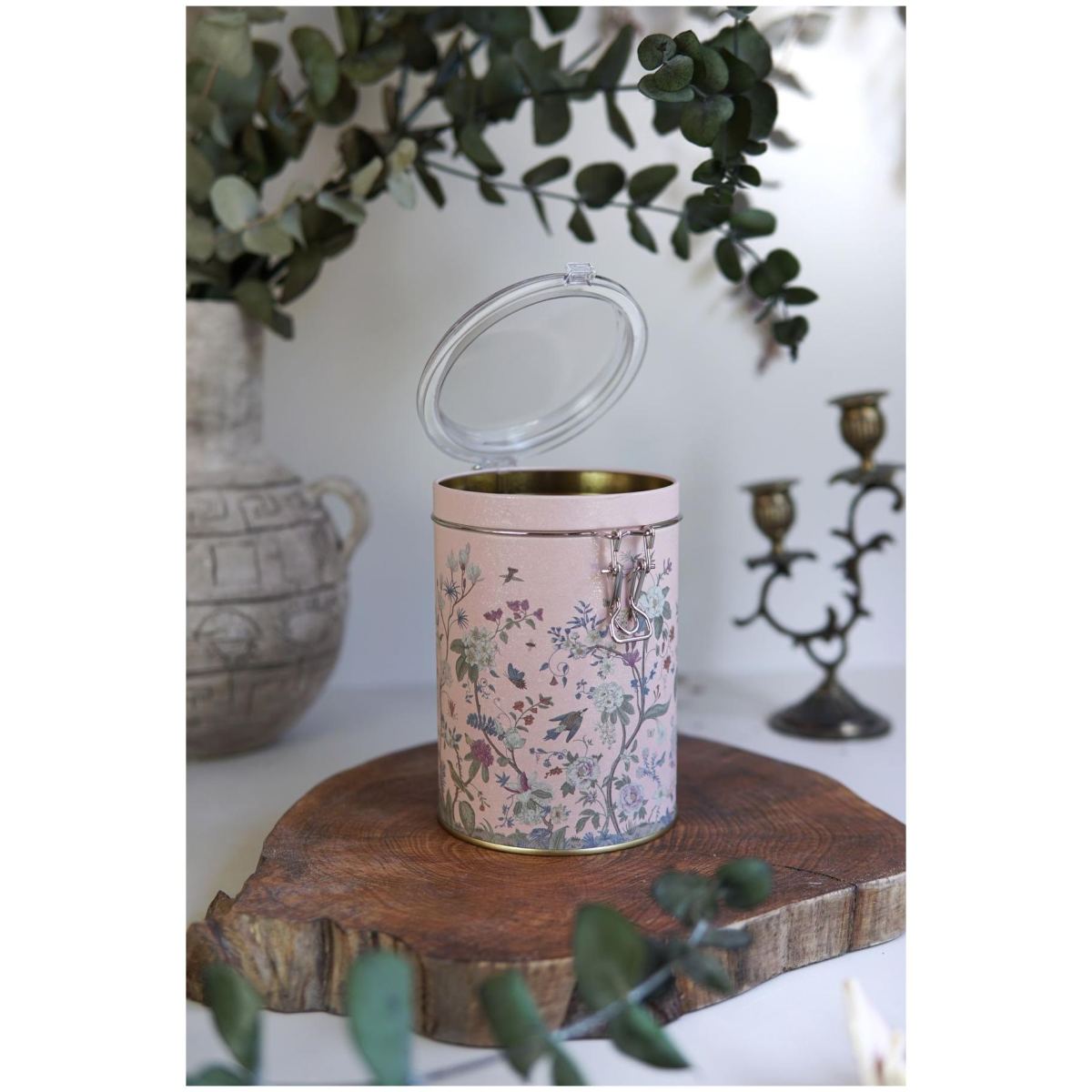 Ø105x150 mm Round Metal Box 1.1L Wire Clasp and Transparent Lid Floral Design Pastel Pink