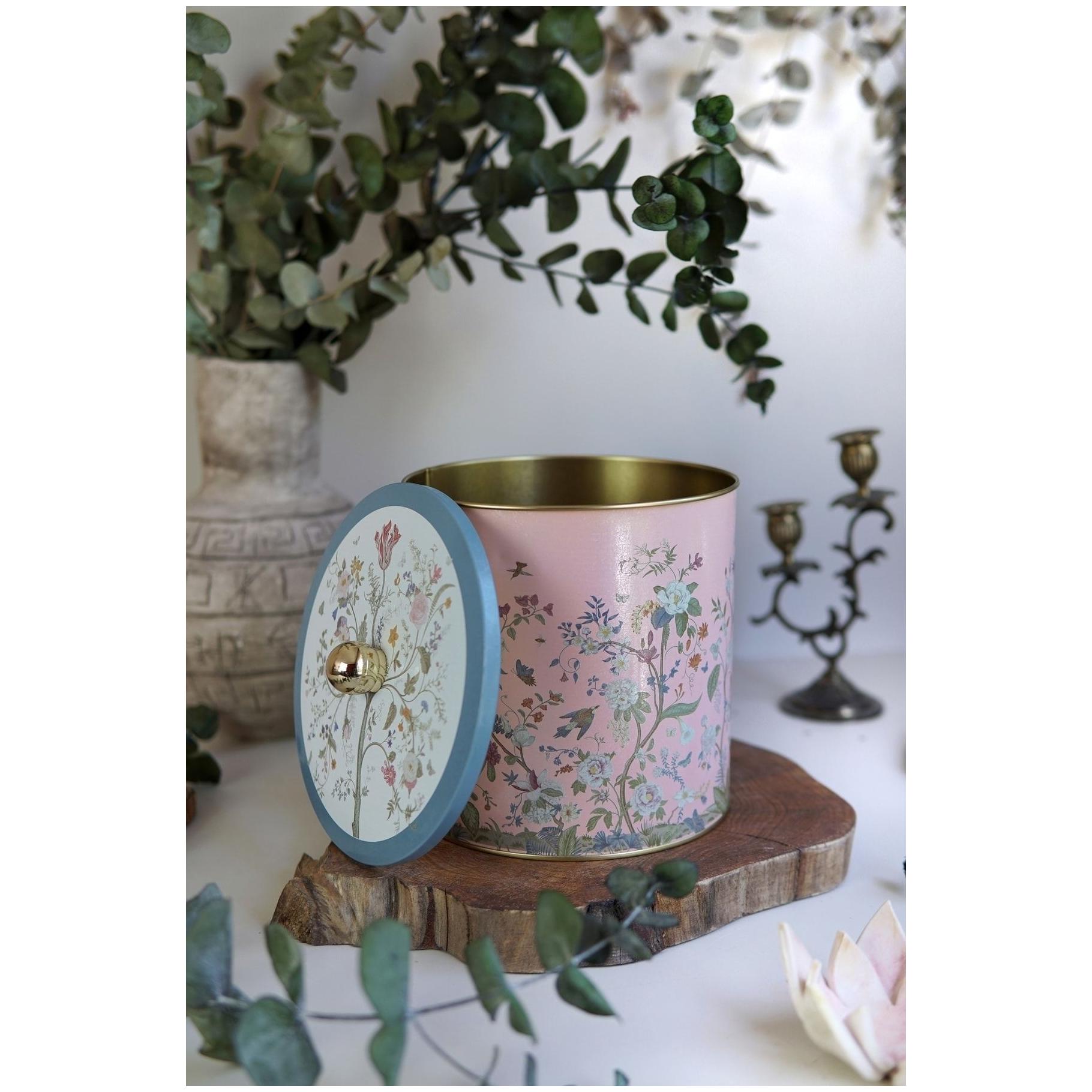 Ø175x180 mm Metal Round Canister Knob Handle Floral Design Pastel Pink