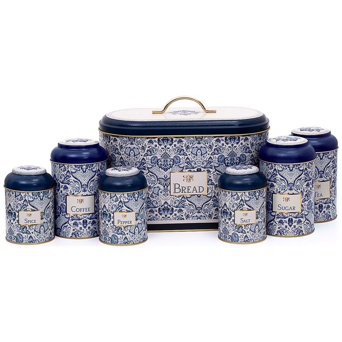 7 Pcs Round Tin Box Kitchen Set Dome Lid Azulejo-Inspired Blue &amp; White Decorative Pattern Azulejos Design